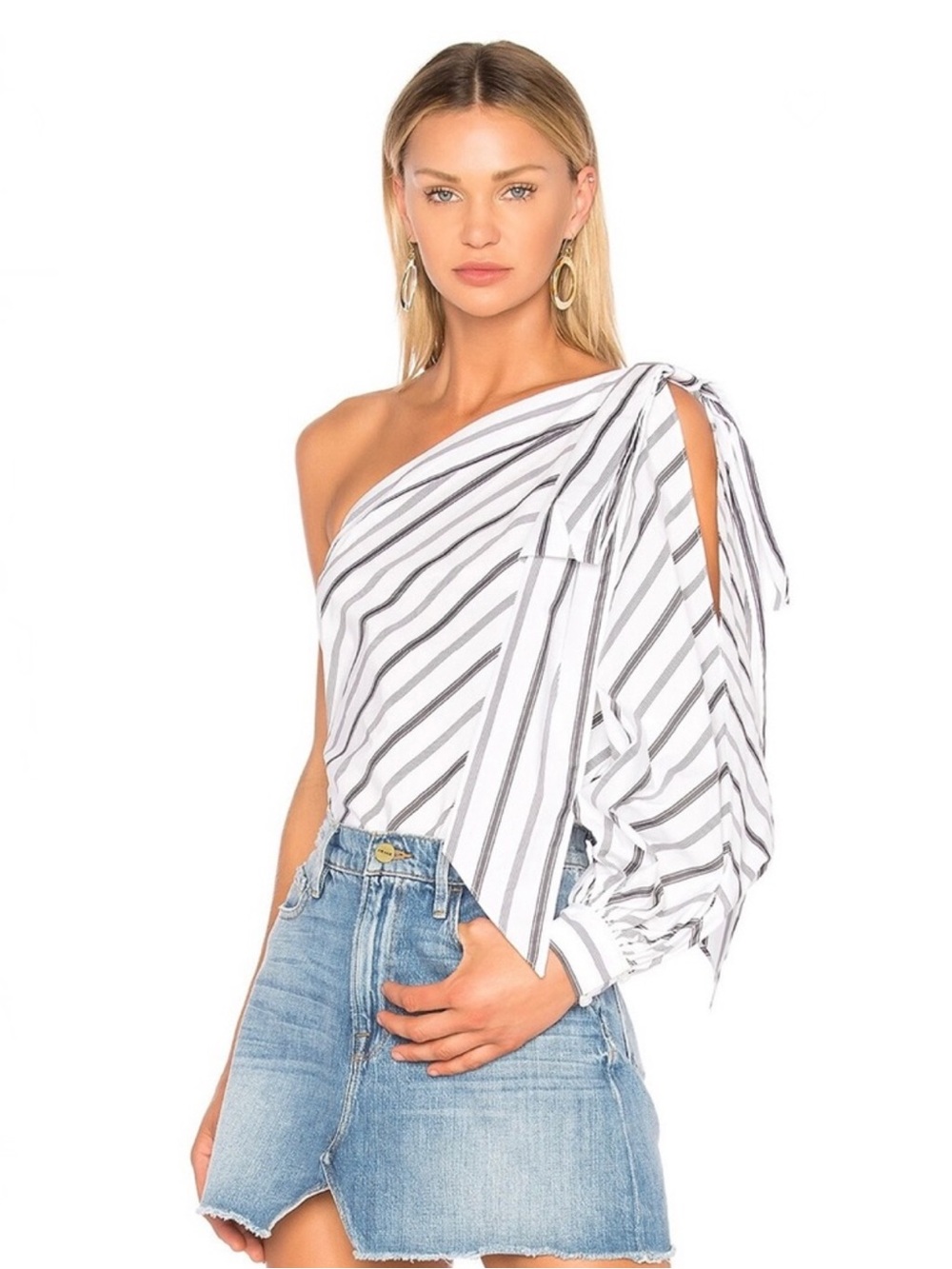NEW MILLY REVOLVE WHITE STRIPED ONE-SHOULDER TOP